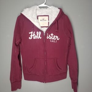 Hollister Burgundy Zip Up Hoodie Juniors Size Large Y2K Fur Lined Pockets Heavy